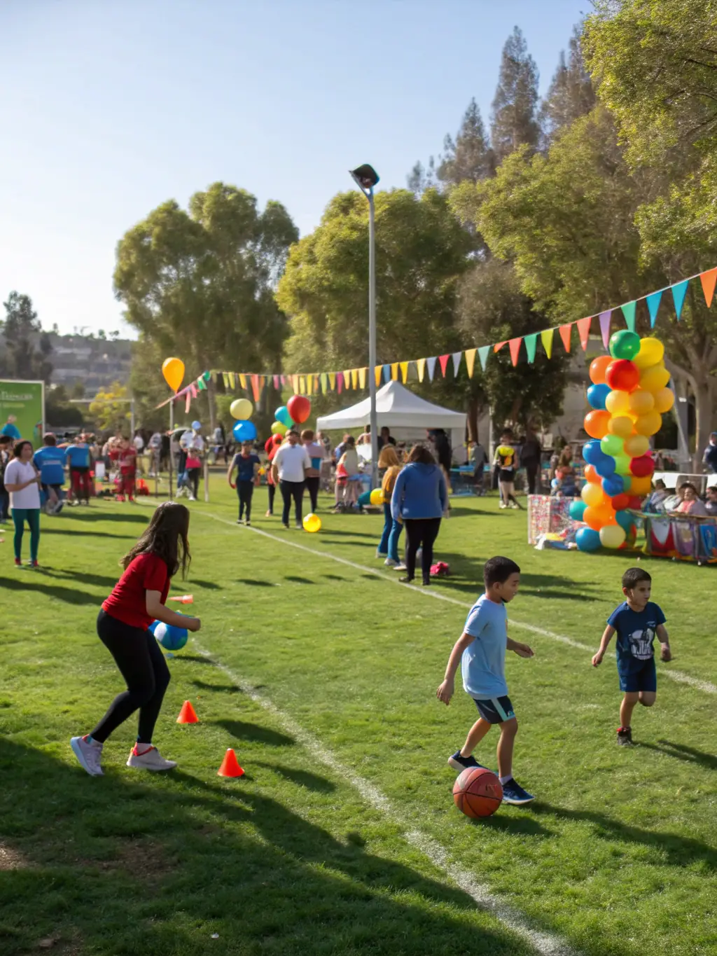 An inclusive sports event supported by CDOMS, featuring participants of all abilities engaging in a friendly competition, highlighting accessibility and community spirit.