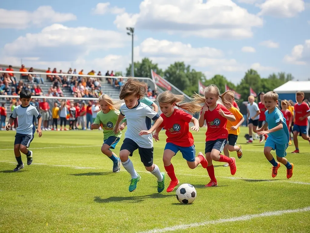 A vibrant image showing a diverse group of children participating in a soccer clinic, with coaches guiding them and parents cheering from the sidelines. The scene captures the energy and excitement of community sports.