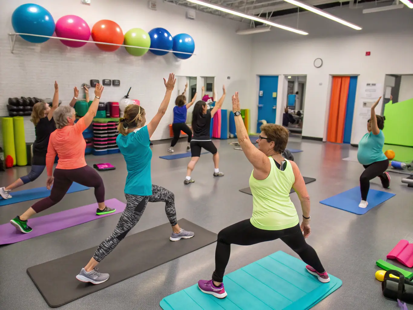 An image of a group of adults participating in a community fitness program in a park, led by a certified instructor. The participants are of various ages and fitness levels, showcasing inclusivity.