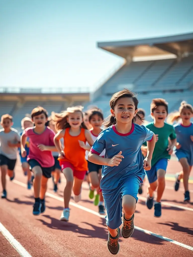 A vibrant image depicting a group of young athletes participating in a track and field event organized by CDOMS, showcasing the energy and enthusiasm of youth sports.